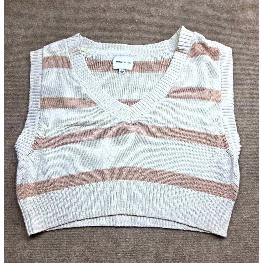 Pink Rose Women's L Regular Striped Knit V-Neck Sweater Vest Ivory/Taupe